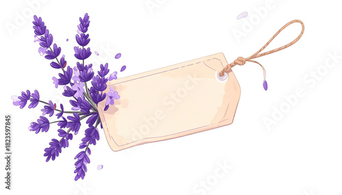 A sprig of purple flowers adorns a tag with a string against a black backdrop