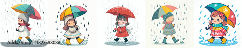 vector of little girl walking with umbrella in the rain