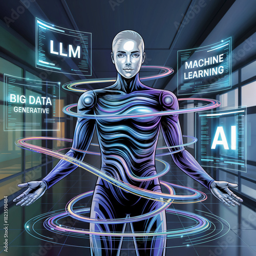 Artificial Intelligence Robot Working on Laptop with Data and Technology Icons