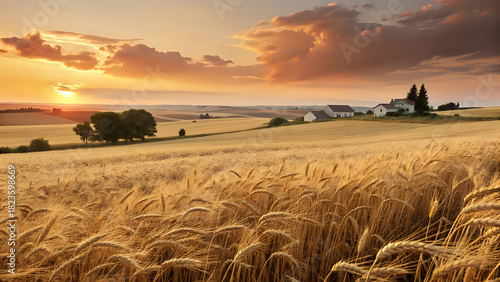 field of wheat, Golden Sunset Over Wheat Field – Soft wind, glowing sky, peaceful countryside mood