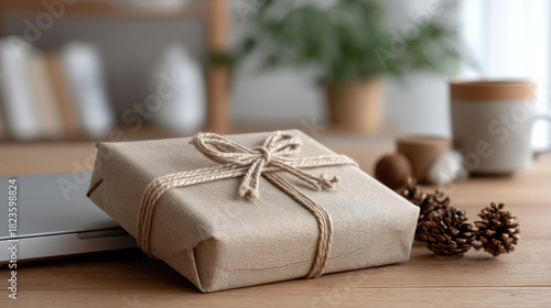 New year Christmas gift wrapped eco friendly fabric with rustic bow, placed wooden table with pinecones and cozy background