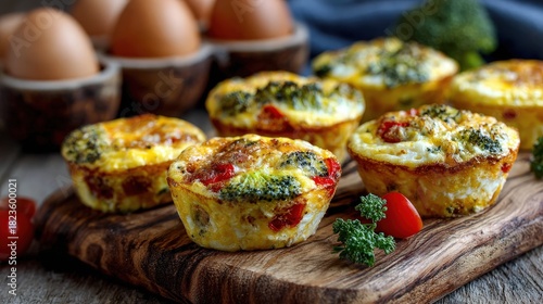 Wholesome and protein-packed egg muffins with a mix of vegetables on a wooden surface, ideal for meal prep visuals