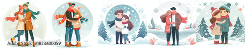vector of a couple hugging outside in the snow