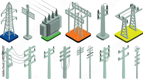 Electrical utility poles, power transmission lines, distribution infrastructure, transformer station icons, energy grid structures, industrial engineering elements for design projects