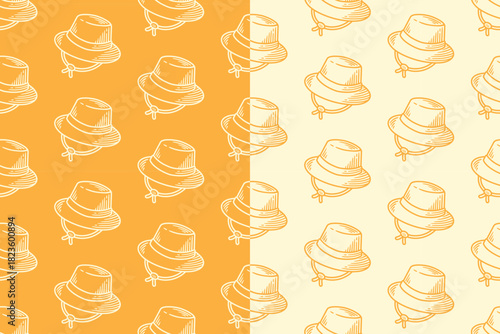 Bucket hat line art seamless pattern on yellow beige background for adventure and outdoor merchandise. Brim hat engraving doodle pattern background. Safari hat and sun cap hatching motif wallpaper