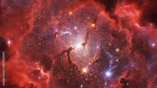 Vast cosmic nebula swirling slowly with bright interstellar dust and radiant crimson gas clouds in a deep, endless space environment universe, dust, swirling slowly