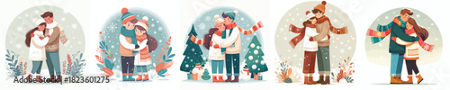 vector of a couple hugging outside in the snow