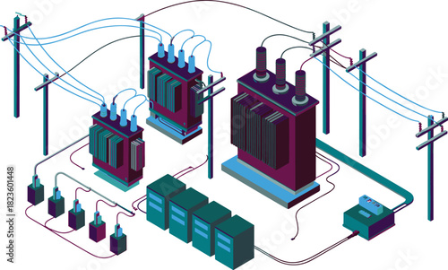 Isometric electrical substation illustration, power distribution grid infrastructure, transformers, high-voltage lines, energy management system, industrial utility network design