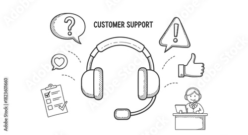 Customer Support Headset and Icons Doodle Style.