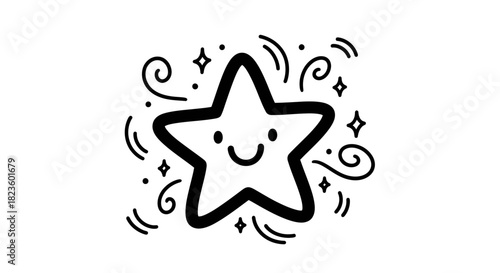 Cheerful star character with swirls and sparkles, conveying joy and positivity in a playful design