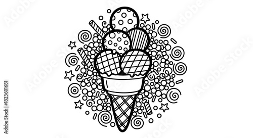 Colorful ice cream cone filled with various scoops and surrounded by whimsical patterns