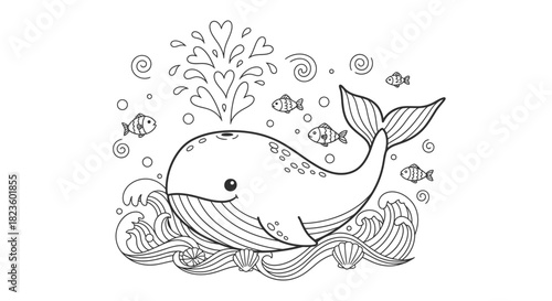Happy cartoon whale spouting water surrounded by fish and ocean waves, isolated white background.