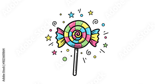 Colorful lollipop surrounded by whimsical stars and swirls, creating a playful atmosphere