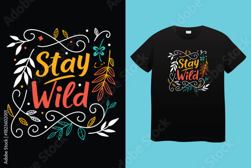 Stylized illustration of a cowgirl riding a horse with desert landscape and text stay wild and free cowgirl