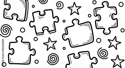 A whimsical pattern featuring puzzle pieces, stars, and swirls on a white background, ideal for playful designs