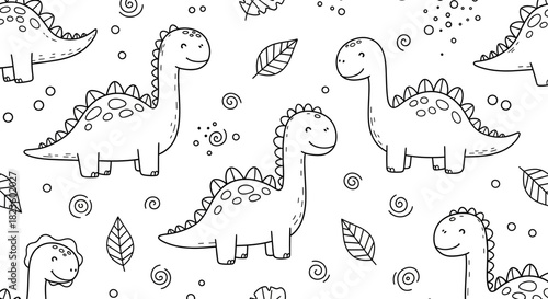 Whimsical pattern featuring playful dinosaurs among leaves and swirls, ideal for children's decor