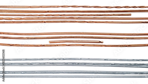 Several horizontal parallel metallic pipes arranged, copper and silver hue