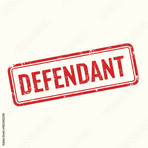 Red distressed rubber stamp with the word "DEFENDANT" in bold white letters, indicating a legal or judicial context on a plain background.