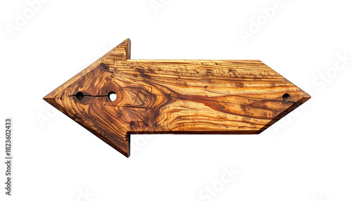 Wooden arrow pointing left, with wood grain and dark background