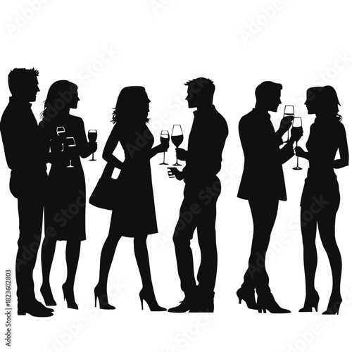 Silhouette of six men and women holding wine glasses socializing at party in minimalist vector style black on white background