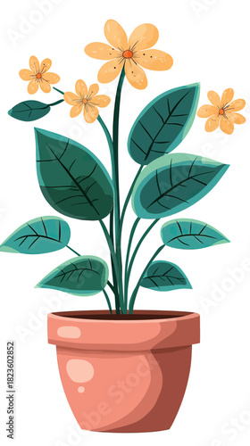 Yellow flowers with green leaves in terracotta pot vector illustration minimalist flat style blooming botanical houseplant concept nature decorative plant art design element