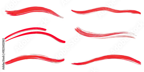 Set of red brush stroke underlines and marker pen style swoosh highlights with smooth, minimalist vector design elements for accent and emphasis