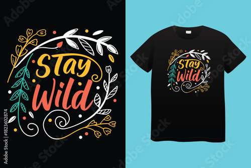 Stylized illustration of a cowgirl riding a horse with desert landscape and text stay wild and free cowgirl
