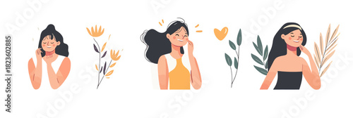 Set of three happy confident women with different hairstyles surrounded by minimal decorative plants and floral elements in flat minimalist vector style