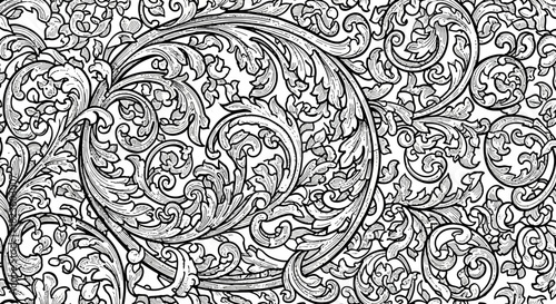 Intricate floral pattern with swirling vines and leaves, suitable for wallpaper or textile design