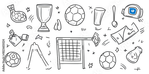 Hand drawn soccer doodle set with footballs, goal net, trophy cup, referee cards, whistle, gloves, and sports accessories in sketch line style vector illustration