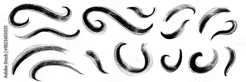 Abstract black brush stroke elements set with squiggly wave shapes, ink swirl doodle lines, hand drawn calligraphy style vector strokes for design and decoration