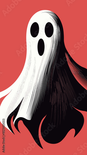 Minimalist flat vector illustration of spooky ghost with flowing sheet and black eyes and mouth on red background Halloween theme phantom design