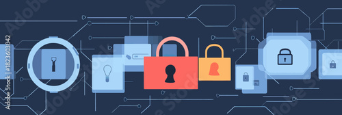 Flat vector illustration of interconnected digital locks and data security icons representing cybersecurity, information protection, and secure network concept design