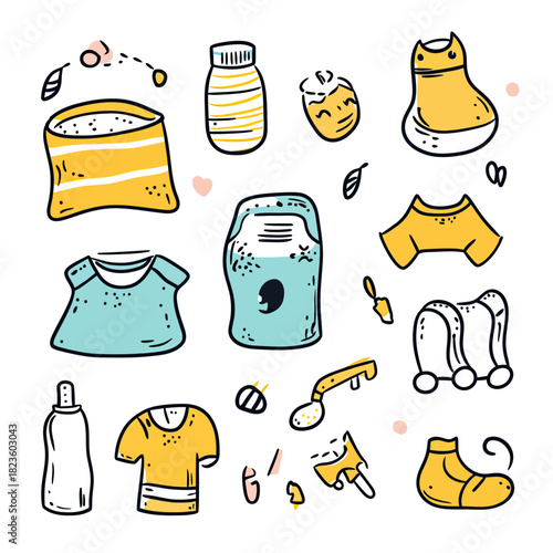 Hand drawn digital brush pen baby shower vector set featuring clothes bib bottle pacifier socks and toys in minimalist doodle style for newborn care