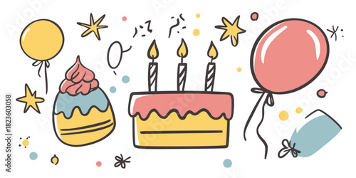 Hand drawn birthday cake with three lit candles, colorful balloons, stars, confetti, and celebration doodle elements in flat minimalist vector style