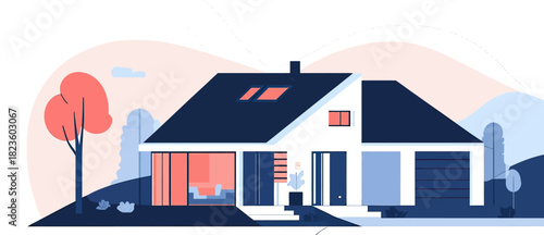 Modern minimalist one story house exterior with garage, large windows, and landscaped front yard in flat vector style illustration