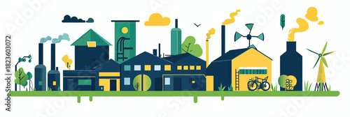 Industrial complex with sustainable energy elements including solar panels wind turbines bicycles green trees and factory buildings emitting smoke flat vector illustration