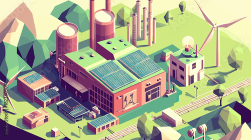 Isometric vector illustration of green industrial factory with solar panels wind turbines and eco friendly renewable energy technology in sustainable environment