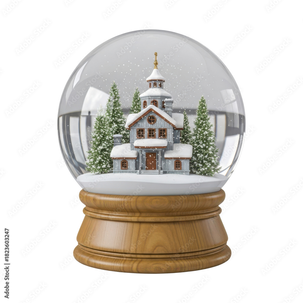 Obraz premium Christmas Snow Globe with House and Trees Isolated on White Background
