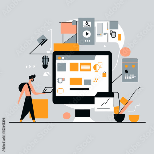 Flat minimalist vector illustration of man using tablet near large computer screen with abstract data analytics and online business interface elements in orange gray black colors