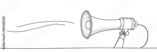 Continuous one line drawing megaphone or loudspeaker on stand broadcasting message with sound waves minimalist vector illustration