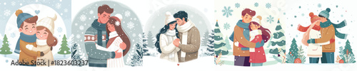 vector half body of a couple hugging outside in the snow