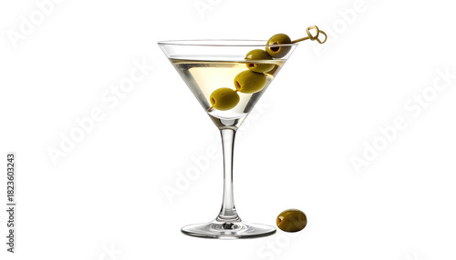 A chilled, classic cocktail in a stemmed glass, garnished with skewered olives