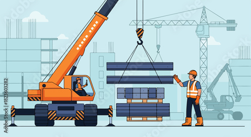 Construction Worker Crane Tools Lifting Concrete Vector – Heavy Equipment Building Illustration