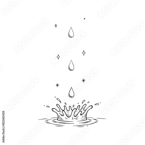 Minimalist hand-drawn line art of falling water drops with sparkles creating a crown splash. Simple black ink sketch illustration of rain or tears on textured paper background.
