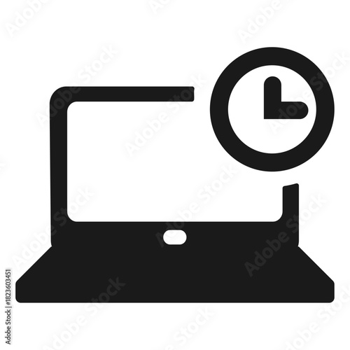 Laptop schedule vector icon – notebook with time clock symbol in minimal flat outline style
