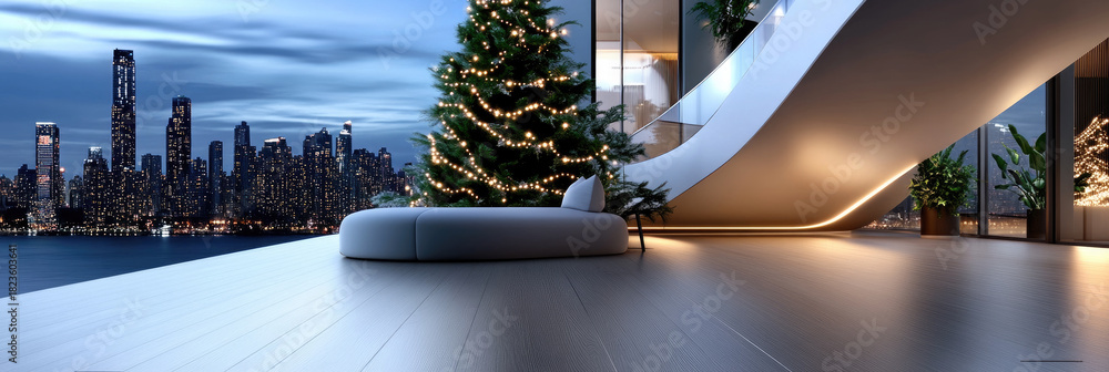Obraz premium Christmas tree with glowing lights and wrapped gifts on modern penthouse terrace overlooking urban city skyline. Celebrating holidays in luxury apartment with large windows and evening view