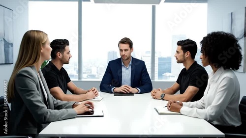team of young professionals discuss a project in modern office meeting room