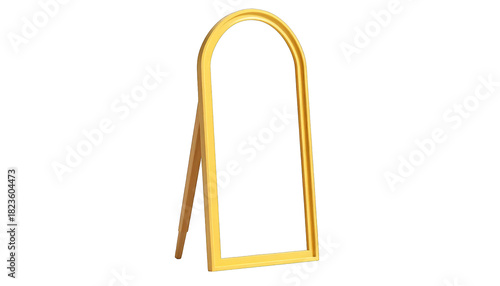 Golden arched picture frame, standing, with wood support, isolated on black