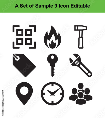 Nine black icons including Q R code hammer key clock people symbol graphic